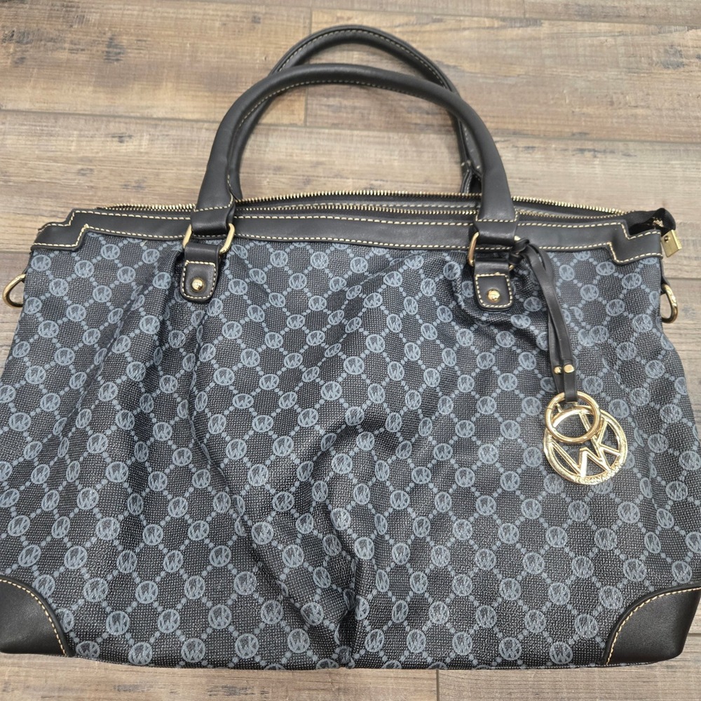 Wendy Keen Grey Black Monogram Satchel Handbag Gold Tone Hardware Large Tote
